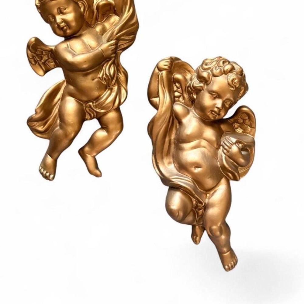 Vintage Pair of HOMCO 1120 Gold cherubs wall art with wings. Midcentury